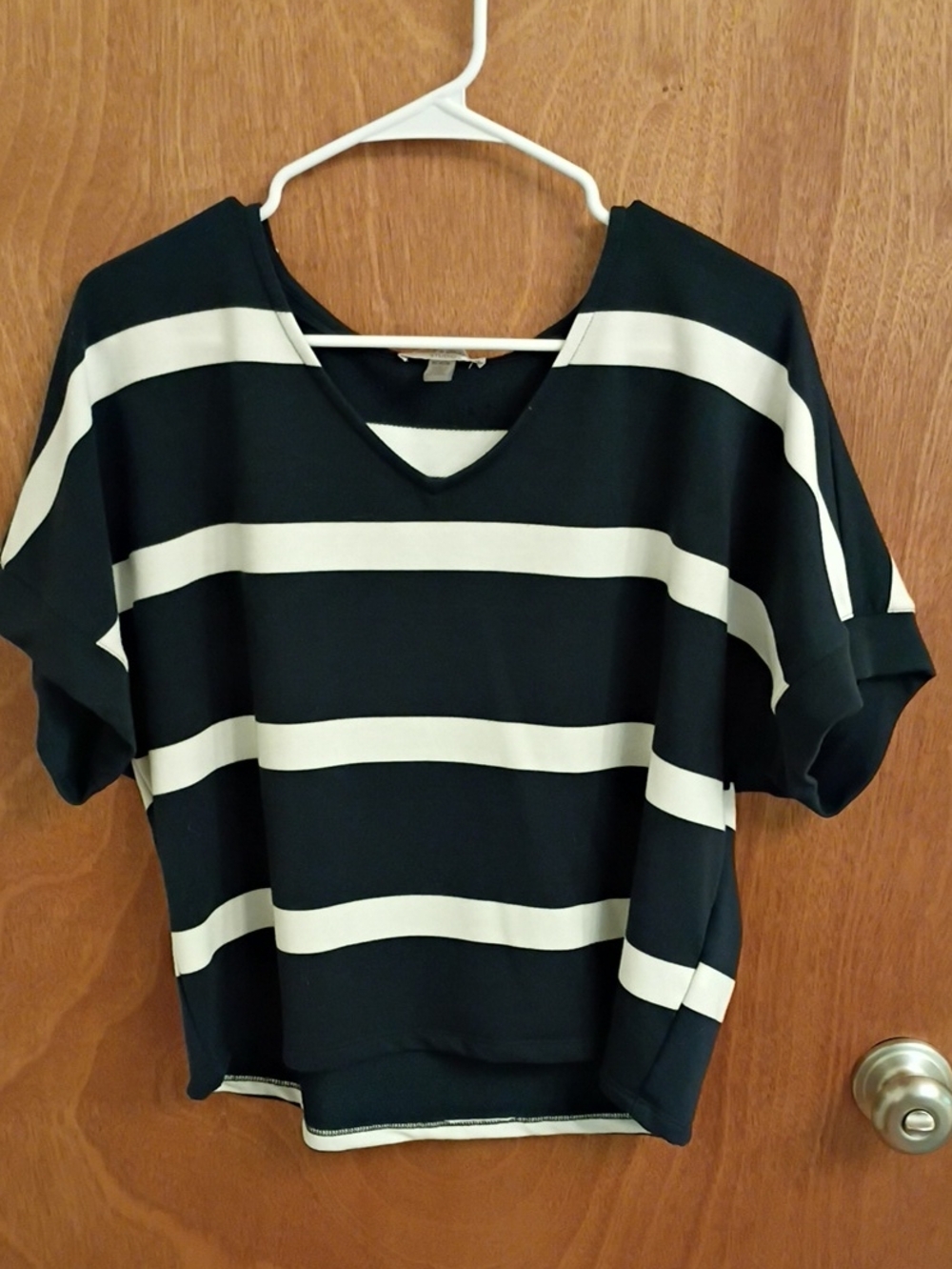 Cable & Gauge Navy and White Striped V-Neck Short Sleeve Top